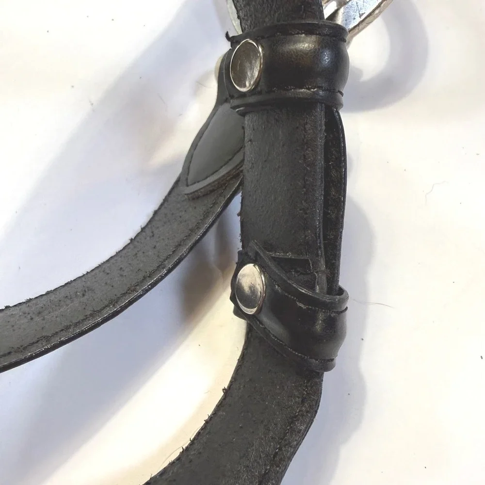 Black Leather Belt Oversized Silver Horseshoe Buckle Equestrian Small